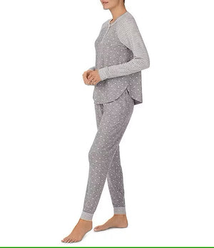 Kensie Marshmallow Jersey Textured Dot Long Sleeve Henley & Jogger Pajama Set