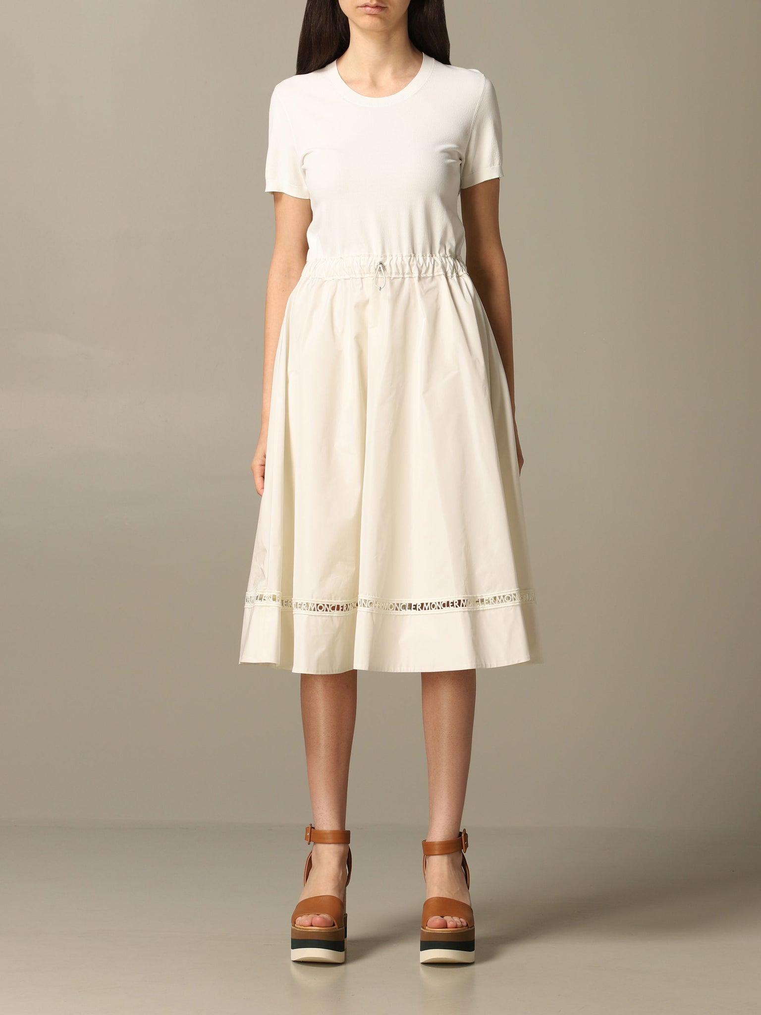 Moncler Pierced Logo Short Sleeve Drawstring Midi Dress Logo Trim
