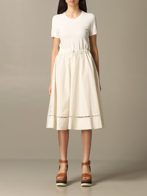 Moncler Pierced Logo Short Sleeve Drawstring Midi Dress Logo Trim