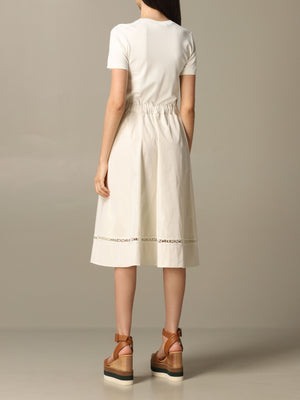 Moncler Pierced Logo Short Sleeve Drawstring Midi Dress Logo Trim