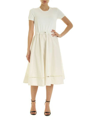 Moncler Pierced Logo Short Sleeve Drawstring Midi Dress Logo Trim