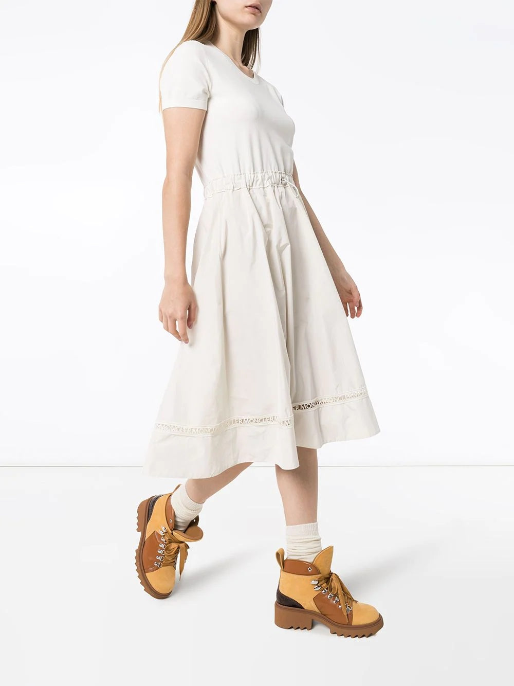 Moncler Pierced Logo Short Sleeve Drawstring Midi Dress Logo Trim