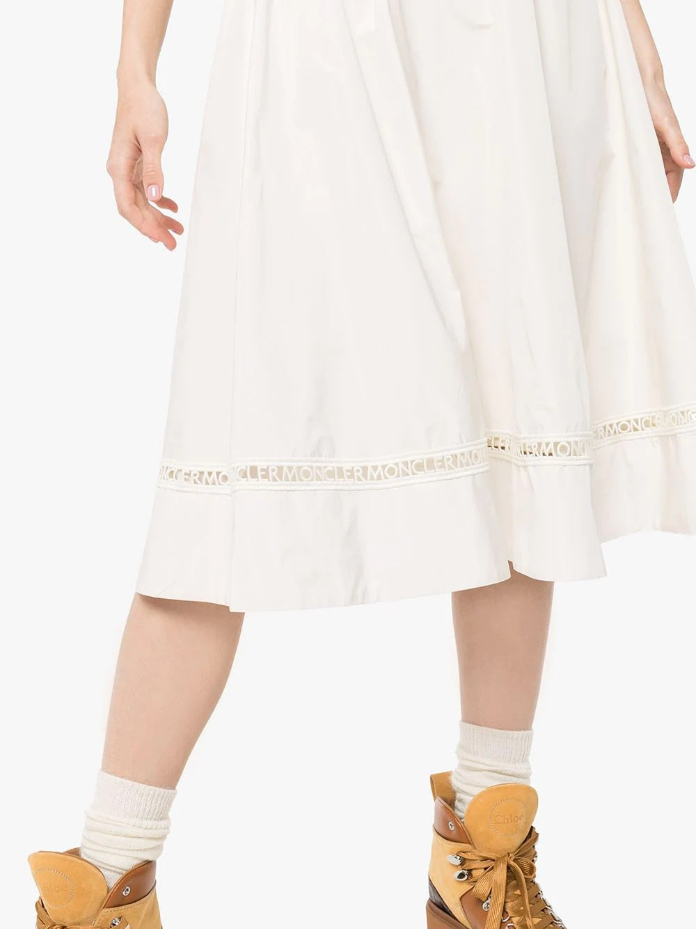 Moncler Pierced Logo Short Sleeve Drawstring Midi Dress Logo Trim