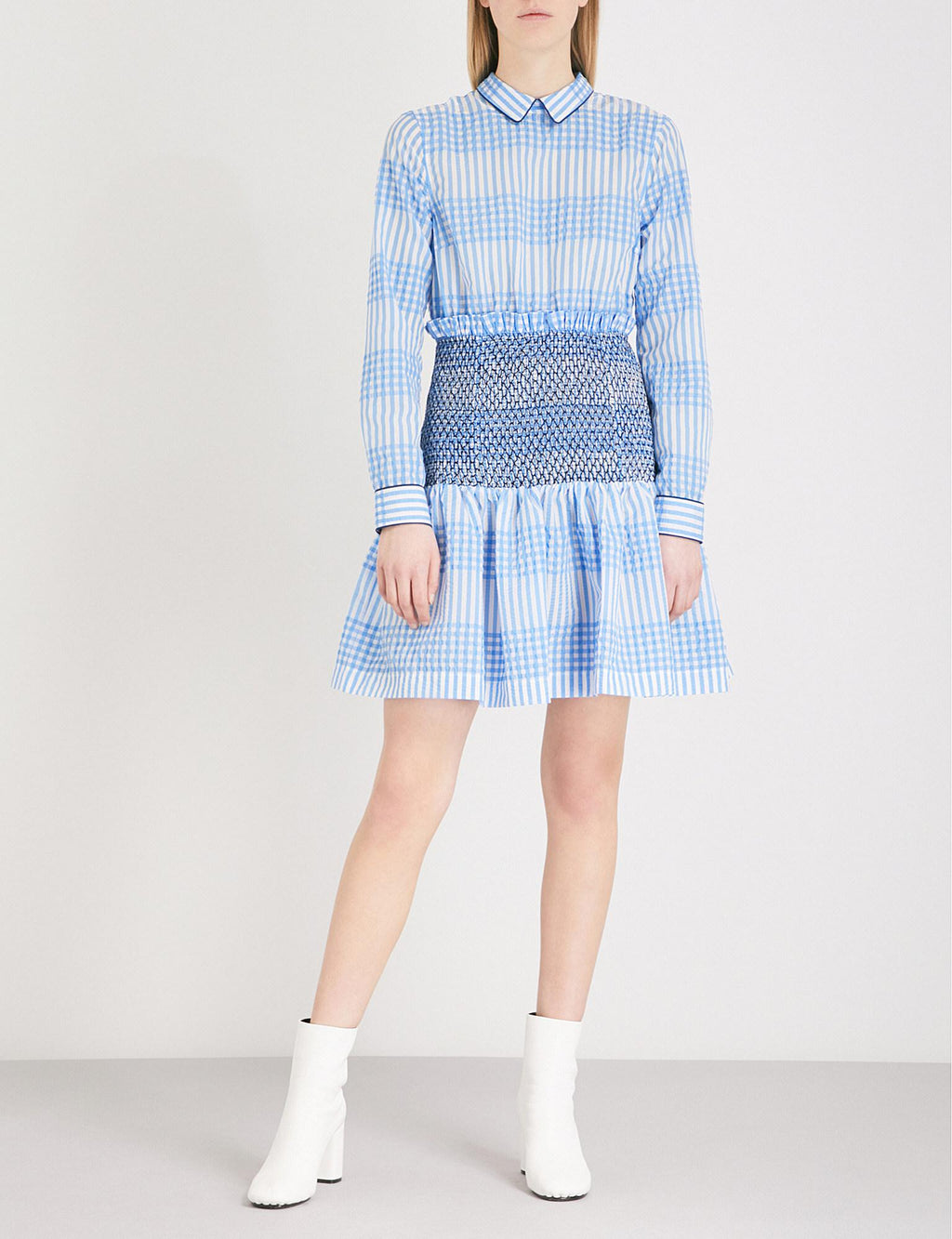 Ganni Charron Smocked Checked Cotton Dress
